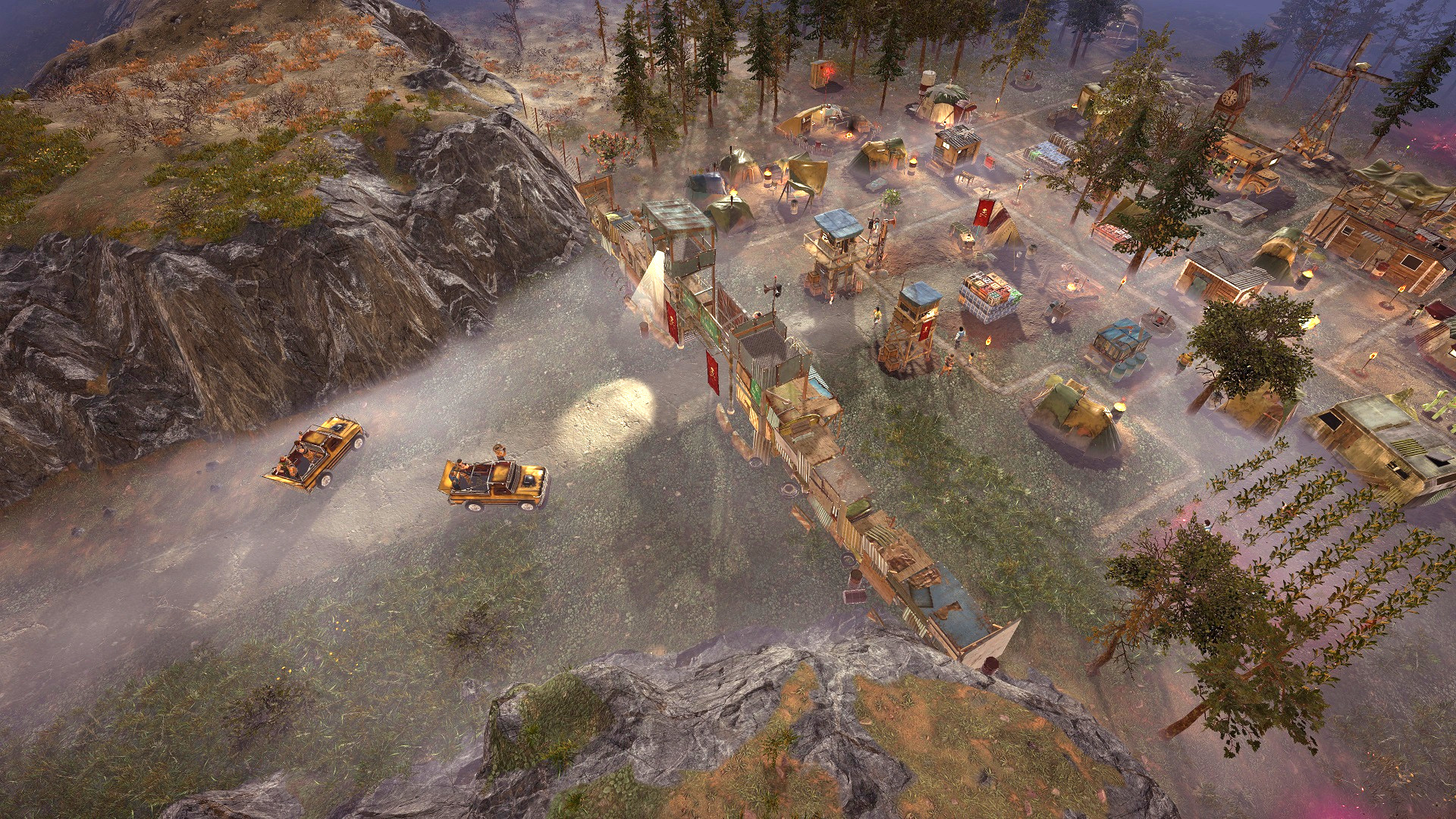 Best city-building games: Surviving the Aftermath. Image shows a worn down settlement in a cleared forest, with a couple of cars nearby.