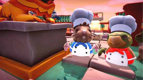 Best co-op games - Overcooked 2: two Overcooked 2 chefs stand next to each other in their different coloured chef uniforms, one is a mouse and one is a turtle