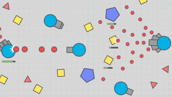 最高のIOゲーム：diep.ioで複数の敵にいくつかのミサイルを発射する青いタンク