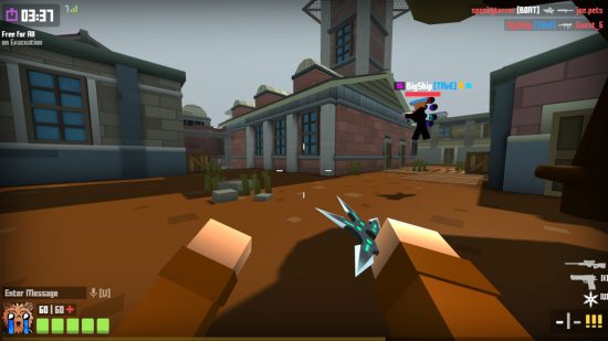 Best io games: A player holding a shuriken with another player jumping in the distance in Krunker.io