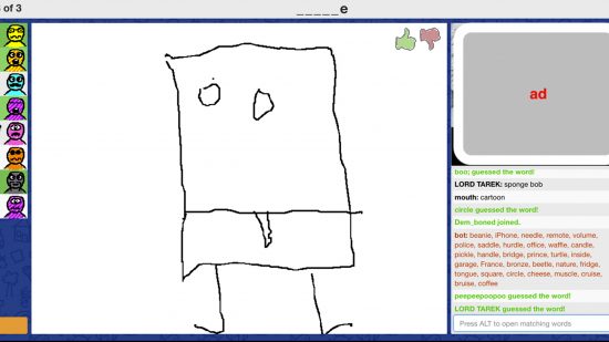 משחקי ה- IO הטובים ביותר: שחקן ב- Skribbl.io מנסה לצייר בובספוג מכנס ריבועי
