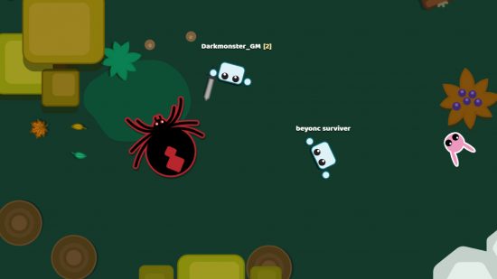 Best io games: Two Starve.io players fighting a giant spider in the woods