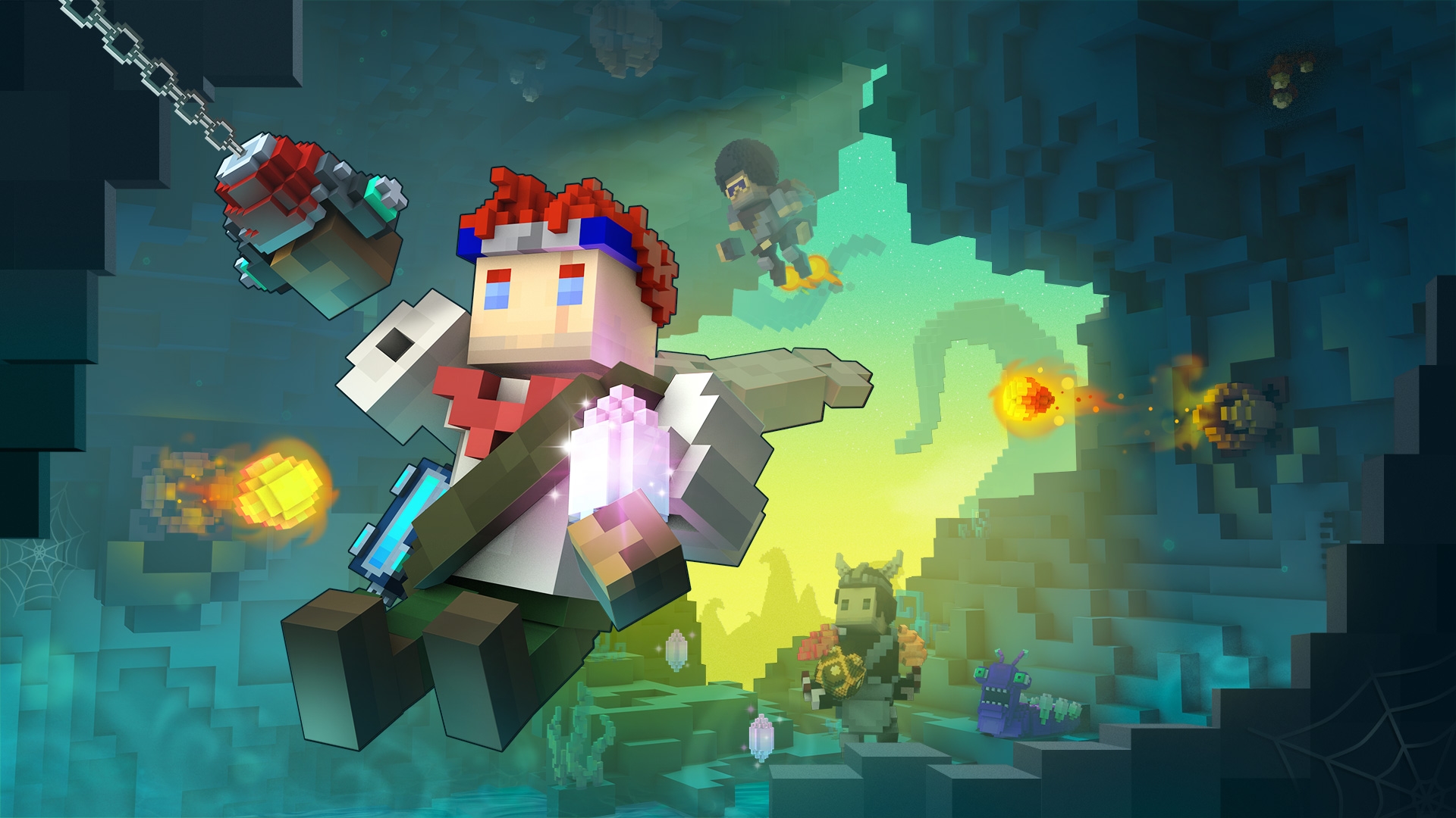Najlepsze gry MMORPG: Trove. Obraz pokazuje blokowego mężczyznę kołyszącego się przez jaskinię