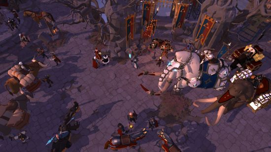 Best MMORPG games: Albion Online. Image shows a group of people in a town square. Some of them are riding elephants or mammoths.