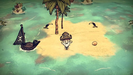 Best Pirate games - Don't Starve Shipwrecked: A hand-drawn pirate stands on a desert island, alongside a small pirate ship