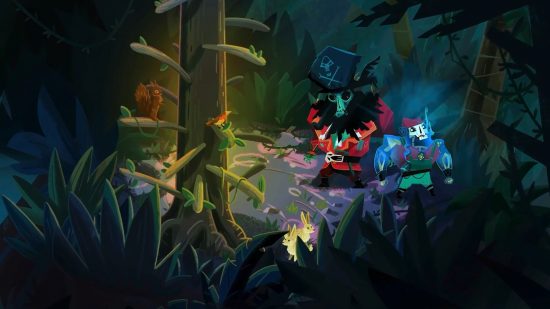 Melhores Jogos de Piratas - Voltar para Monkey Island: Dois piratas inimigos exploram uma floresta escura e sombria