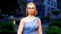 Best Sims 4 mods: a woman in a prom dress walking through a park