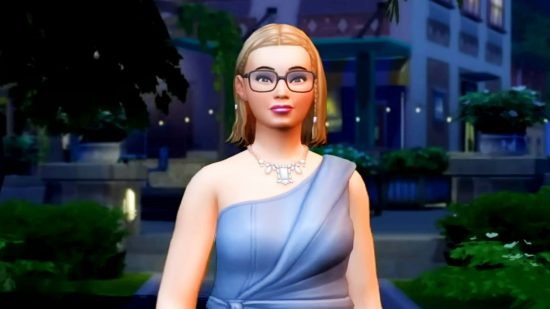 Beste Sims 4 Mods: Eine Frau in einem Abschlussballkleid, das durch einen Park geht