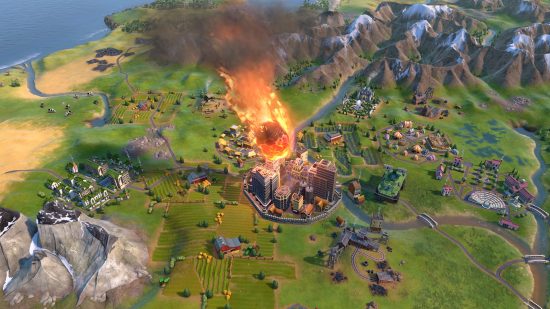 Bästa strategispel - En meteorit som håller på att kollidera med en stad i en bergig region i Civilization 6