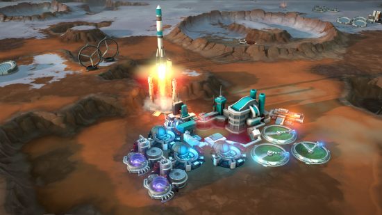 Best strategy games - a missile launching from a base on an alien planet in Offworld Trading Company.
