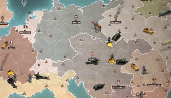 Best strategy games: Supremacy 1914. Image shows a world map with lots of tanks moving around on it.