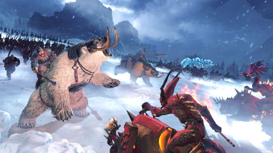 Best strategy games - a polar bear-like creature in a snowy wilderness in Total War: Warhammer 3.