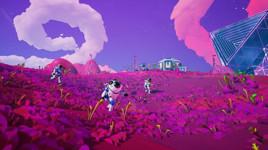 Best survival games: Astroneer. Image shows a pair of robotic beings walking around in a pink landscape.