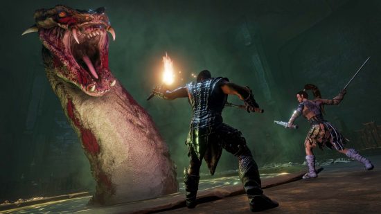 Best survival games: Conan Exiles. Image shows a man waving a torch at a giant serpent.