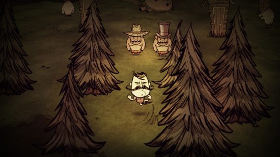Best survival games: Don't Starve. Image shows a man in the woods with two creatures in top hats behind him.