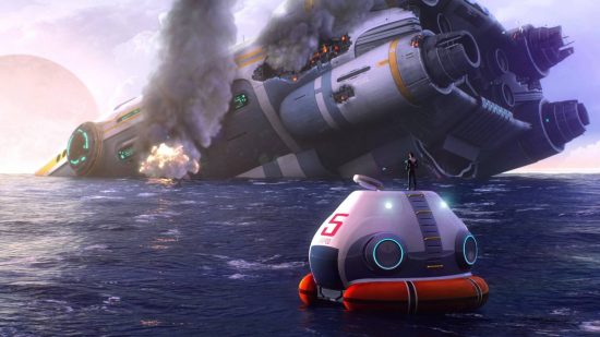 Best survival games: Subnautica. Image shows futuristic devices floating on the surface of the ocean.
