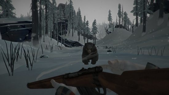 Best survival games: The Long Dark. Image shows a player cocking a gun as a bear approaches them.