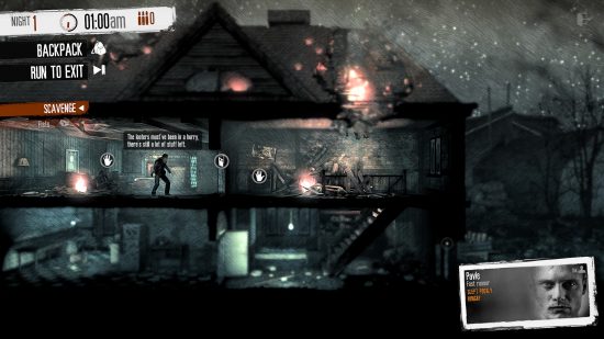 Best survival games: This War of Mine. Image shows a house with a person inside it through a night-vision style lens.