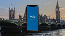 Best UK VPN: image shows London, with a VPN protected phone imposed over it.