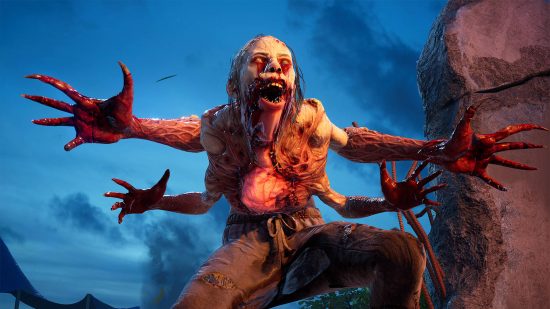 Najlepšie zombie hry: Hocker v chrbte 4 krv so svojimi štyrmi ramenami natiahnutými. Má na sebe nohavice, ktoré trhajú švy