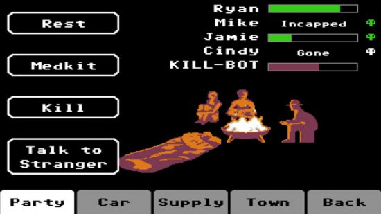 Best zombie games: your party members gather round the campfire in Organ Trail, as one of the party rests in a sleeping bag.