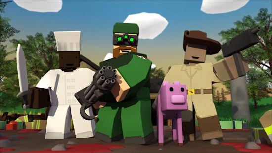 Najlepšie zombie hry - Ranger z parku, šéfkuchár a vojak s nočným videním googles sa snažia chrániť svoje ošípané pred zombie