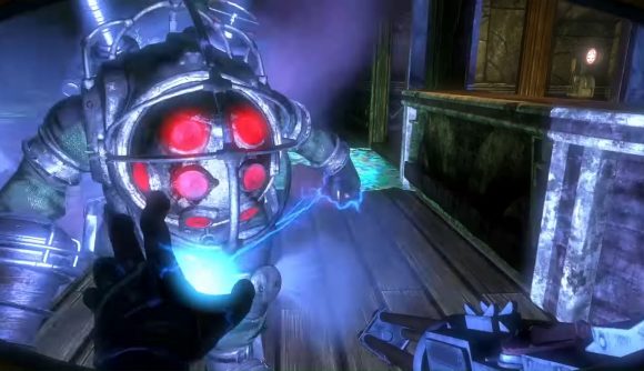 BioShock screenshot showing Big Daddy approaching a player.