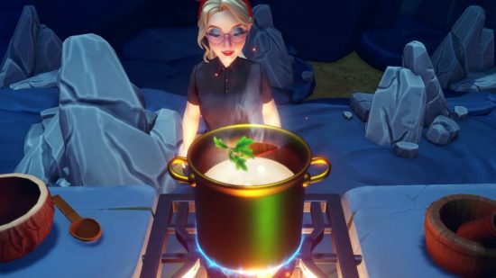 Disney Dreamlight Valley Cave Cave Cooking Riddle: Một nhân vật nữ tóc vàng, nữ đứng cạnh một nồi nấu ăn