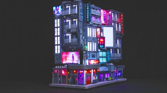 Custom Cyberpunk Blade Runner gaming PC with neon signs and glowing windows