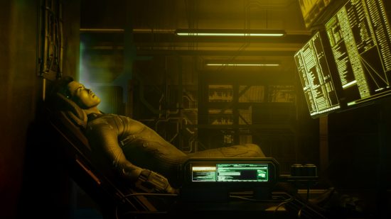 Cyberpunk 2077 ARG: A netrunner lies in a chair, bathed in yellow light emanating from a bank of large monitors packed with dense text