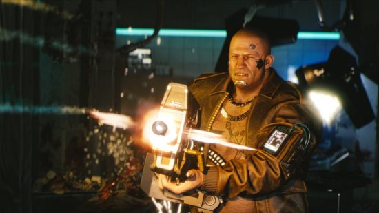 Cyberpunk 2077 players return thanks to Edgerunners: A burly, bald man with gold chains, a leather jacket, and metal facial implants fires a massive machine gun toward the camera