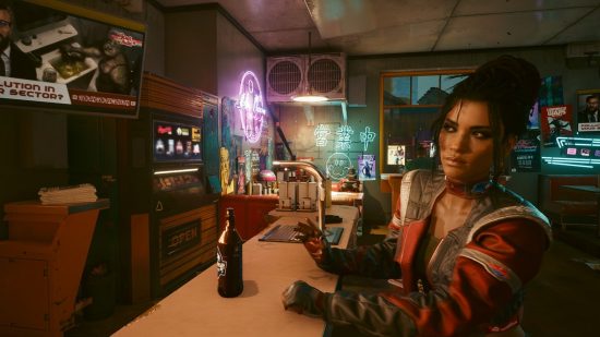 Cyberpunk 2077 update stream: Panam Palmer watches a television screen while sitting in a dive bar on the outskirts of Night City.