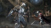 Dark Souls 3 PC servers down: Two warriors in knight's armour face off against each other on the steps of a gothic castle