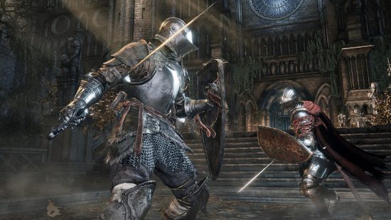 Dark Souls 3 PC servers down: Two warriors in knight's armour face off against each other on the steps of a gothic castle