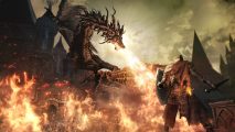 Dark Souls 3 servers up: A massive dragon spews fire toward a knight holding a shield