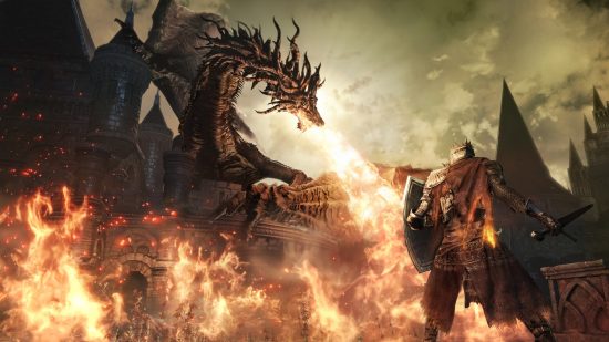 Dark Souls 3 servers up: A massive dragon spews fire toward a knight holding a shield