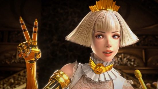 Deathverse release date: A blonde woman with golden metal fingers makes a V sign