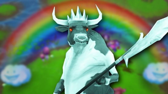 Diablo 3 is basically Stardew Valley, says Google: A ghostly cow wearing a crown holding a spear on a background of rainbows and green fields