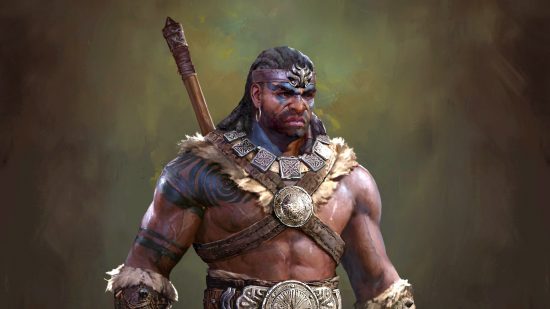 Diablo 4 gameplay leak: Concept art shows a stern and brawny barbarian character with tribal tattoos covering his right shoulder and the haft of a large weapon visible on his back.