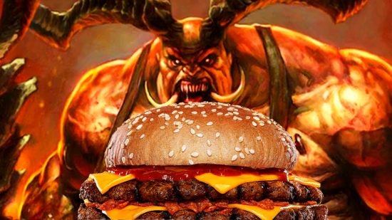 Diablo Immortal Burger King promotion - the Butcher, a giant, horned demon, prepares to bite into a large double cheeseburger