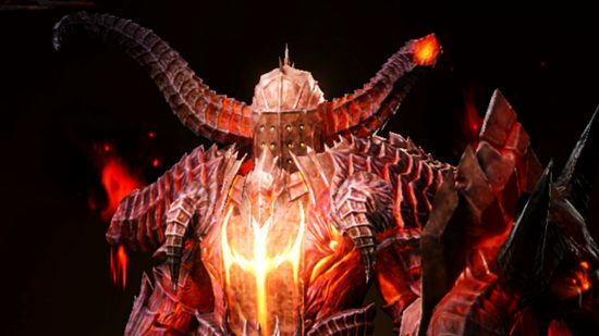 Diablo Immortal orb debt - a character in heavy armour with a burning emblem on their chest and two lengthy horns on their helmet, one of which is broken halfway along
