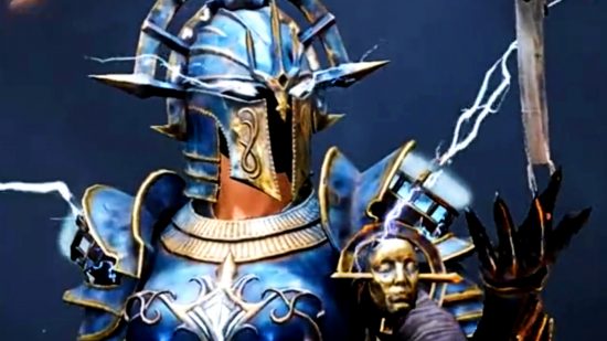 Diablo Immortal server transfers - a character in blue and gold armour looks upwards at an orb floating before them