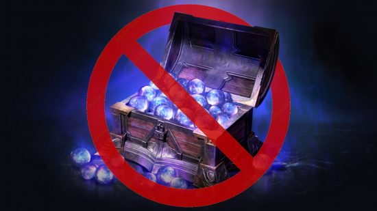 Diablo Immortal whales orb debt - a chest full of glowing purple Eternal Orbs, with a red "no entry" sign across them
