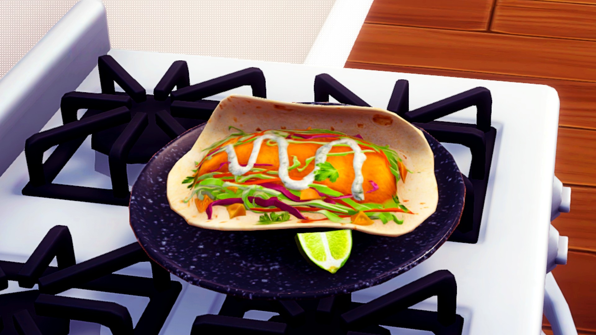 Disney Dreamlight Valley Five -Sterne -Rezepte: Das Rezept für Fisch -Tacos wird als einzelner, offener, weicher Taco mit gebratenem Fisch, Salat und Dressing gezeigt, begleitet von einem Limettenkeil