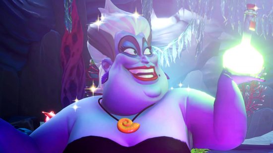 Disney Dreamlight Valley update - Ursula from The Little Mermaid grins widely as she looks at a glowing green flask sitting in the palm of her hand