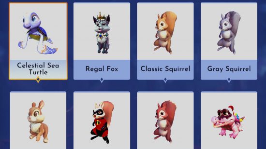 Disney Dreamlight Valley critters: A list of companions from the in-game collection menu, featuring the celestial sea turtle, regal fox, and more.