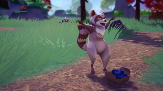 Disney Dreamlight Valley Animals: een neutraalkleurige wasbeer springt van vreugde door zijn favoriete eten, bosbessen