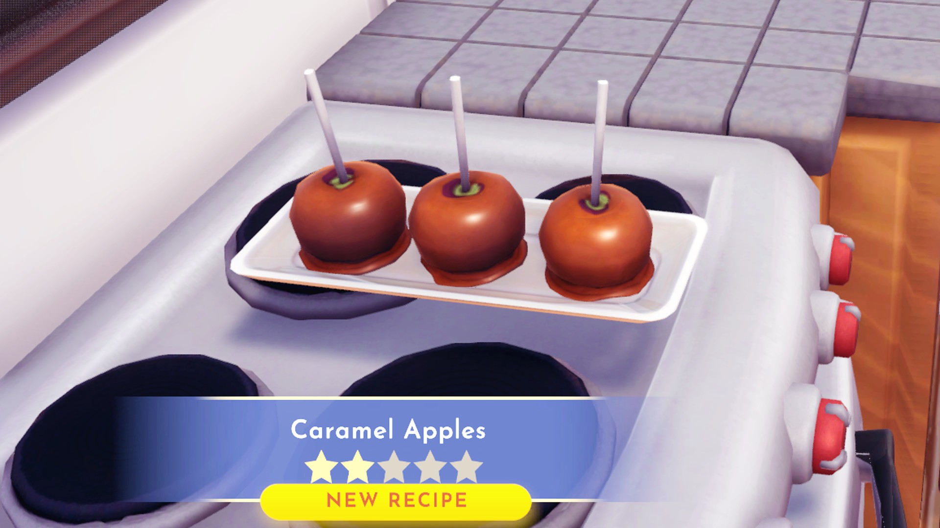 Disney Dreamlight Valley desserts: three Caramel Apples sit on a plate, demonstrating the two-star recipe.