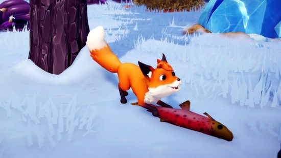 Disney Dreamlight Valley critters: A red fox eats a fish in the snowy surroundings of the frosted heights biome.