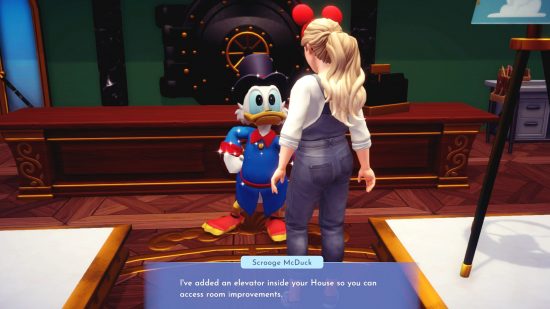 Disney Dreamlight Valley House Oppgraderinger: En spillerkarakter snakker med Scrooge McDuck og sier han,